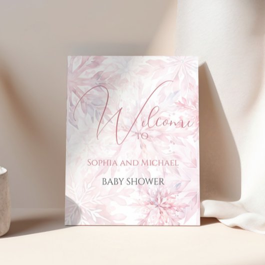 Poster Baby shower Fille rose Flocon de neige Bienvenue