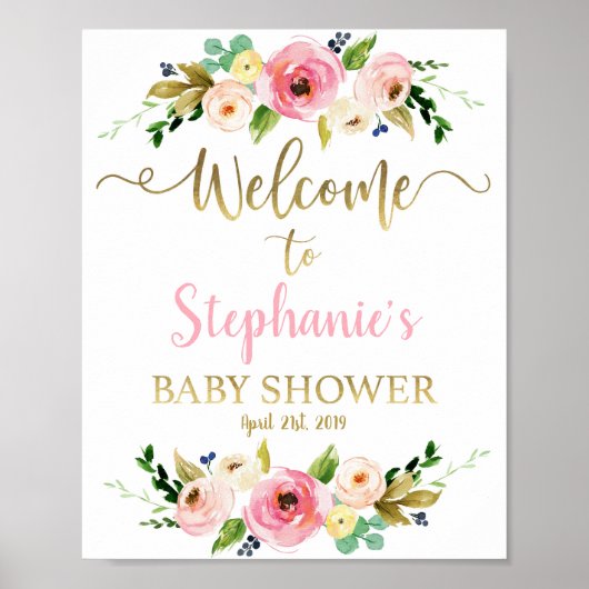 Poster Baby shower fille signe d'accueil, fille fleurie (Devant)