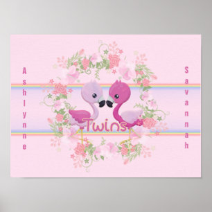 Poster Baby shower Flamant rose rose Twins Personnalisé