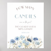 Poster Baby shower Fleur sauvage bleu Combien de bonbons (Devant)