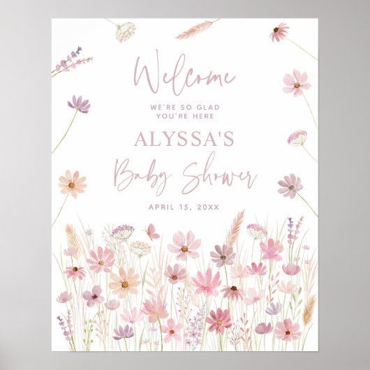 Poster Baby shower Fleur sauvage Dusty Pink Boho (Devant)