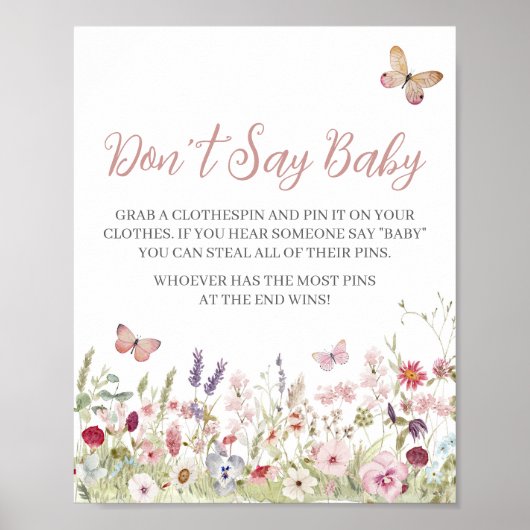 Poster Baby shower fleur sauvage papillon ne pas dire béb (Devant)