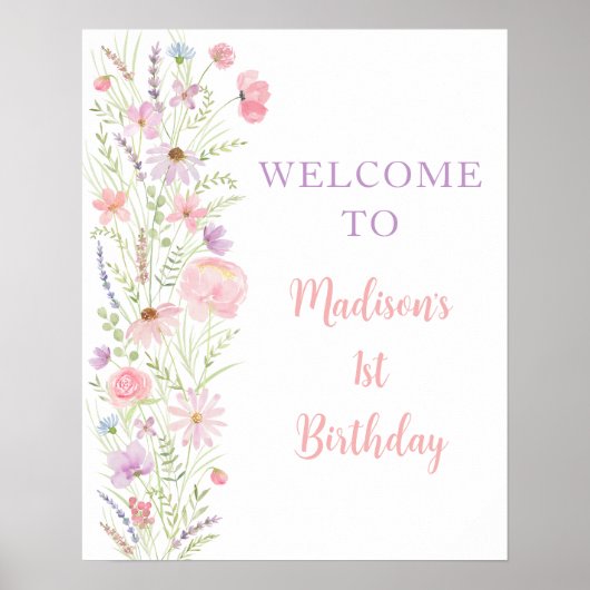 Poster Baby shower Fleur sauvage rose Pastel Accueil (Devant)