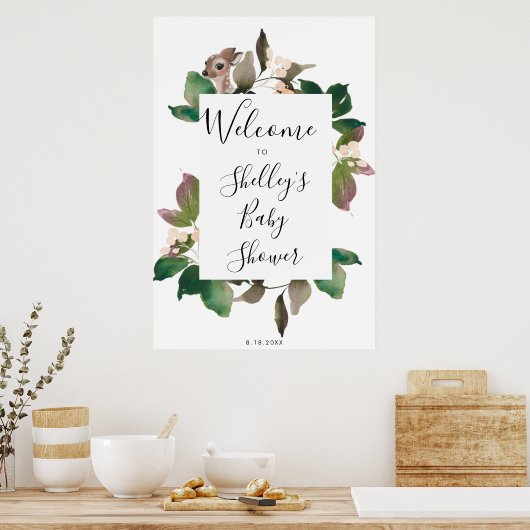 Poster baby shower fleuri de cerf mignon signe de bienven (Cuisine)