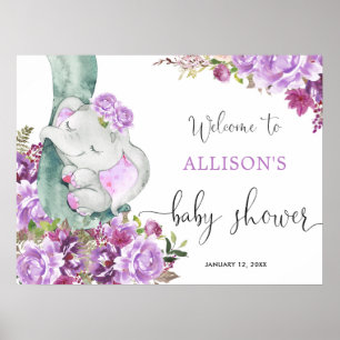 Poster Baby shower fleuri d'éléphant mauve fille bienvenu
