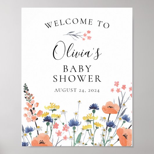 Poster baby shower fleuri fleur sauvage aquarelle Bienven (Devant)