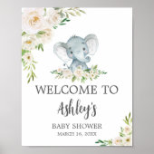 Poster Baby shower Floral Blanc Elephant Bienvenue (Devant)