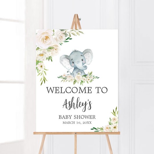 Poster Baby shower Floral Blanc Elephant Bienvenue