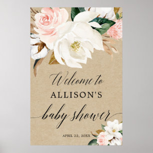 Poster Baby shower floral blanc rustique