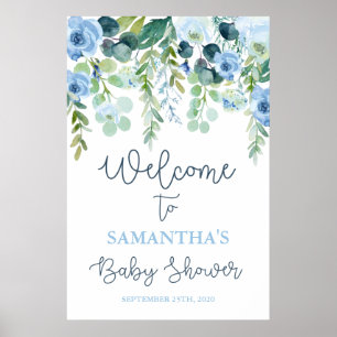 Poster Baby shower floral bleu Boy Panneau de bienvenue
