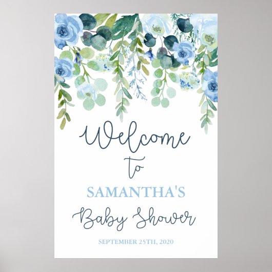 Poster Baby shower floral bleu Boy Panneau de bienvenue (Devant)