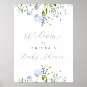 Poster Baby shower Floral bleu clair Bienvenue