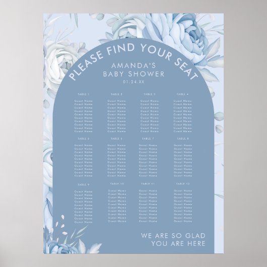 Poster Baby shower floral bleu foncé (Devant)