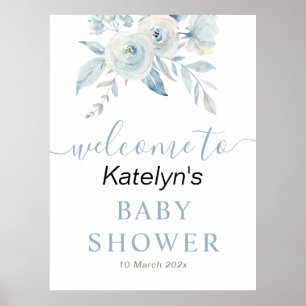 Poster baby shower floral bleu poussiéreux panneau d'accu