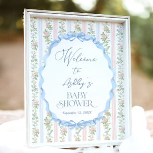 Poster Baby shower Floral bleu vintage et rose Bienvenue