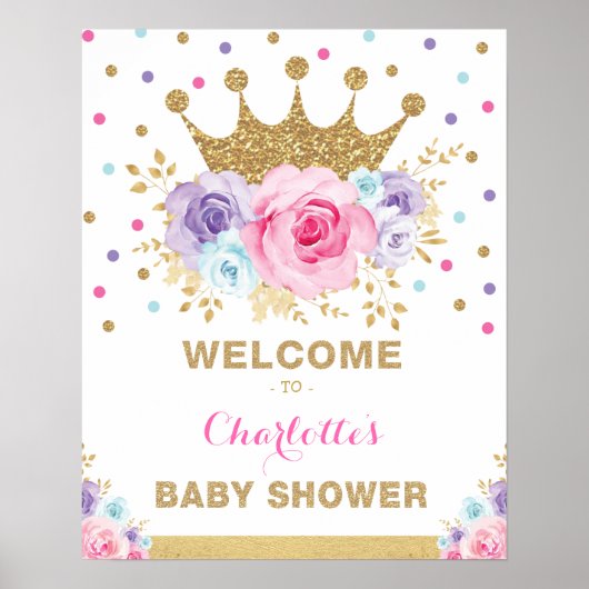 Poster Baby shower Floral de la princesse Couronne Blush  (Devant)