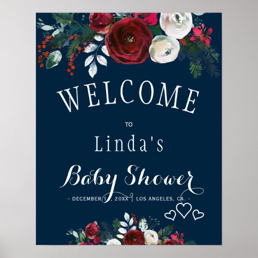 Poster Baby shower Floral d'hiver rustique de la Marine d (Devant)