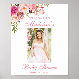 Poster Baby shower Floral rose Bienvenue Photo