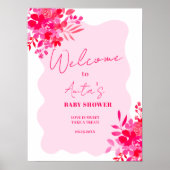 Poster Baby shower floral rose ondulé rose chaud (Devant)