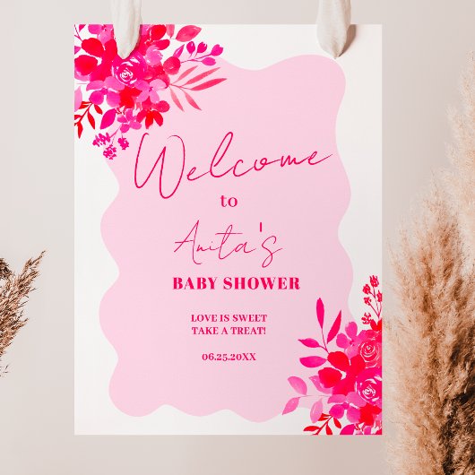 Poster Baby shower floral rose ondulé rose chaud