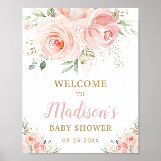 Poster Baby shower floral rose pâle Bienvenue (Devant)