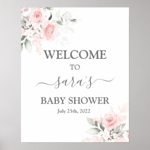 Poster Baby shower floral rose pâle Fille Signal d'accuei