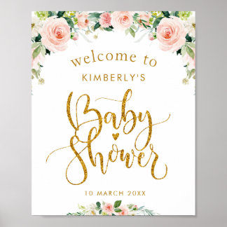 Poster baby shower floral rose vif panneau d'accueil
