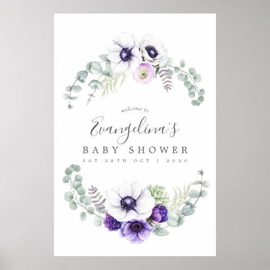 Poster Baby shower Floral Violet Dusty (Devant)