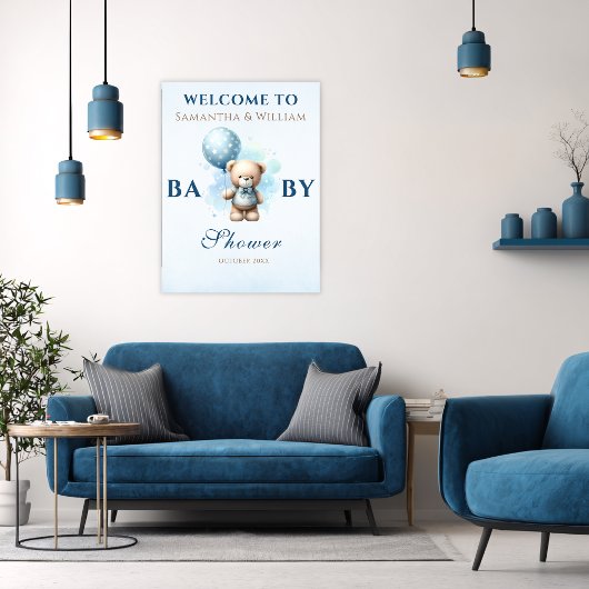 Poster Baby shower Garçon Bleu Balloon Teddy Bear