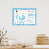 Poster Baby shower garçon Brunette Damask bleu (Cuisine)