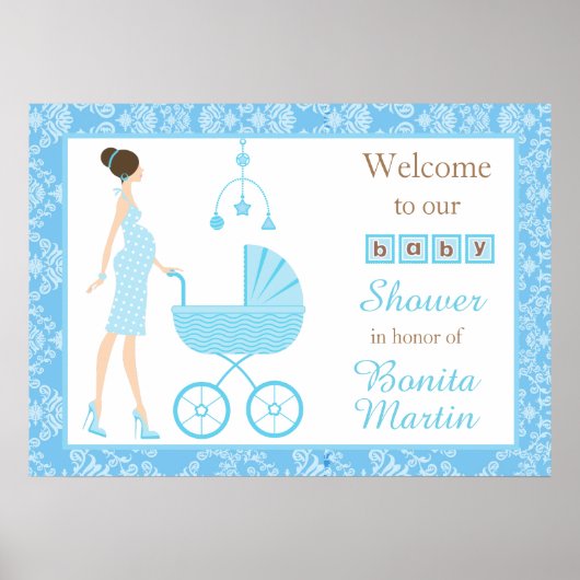 Poster Baby shower garçon Brunette Damask bleu (Devant)