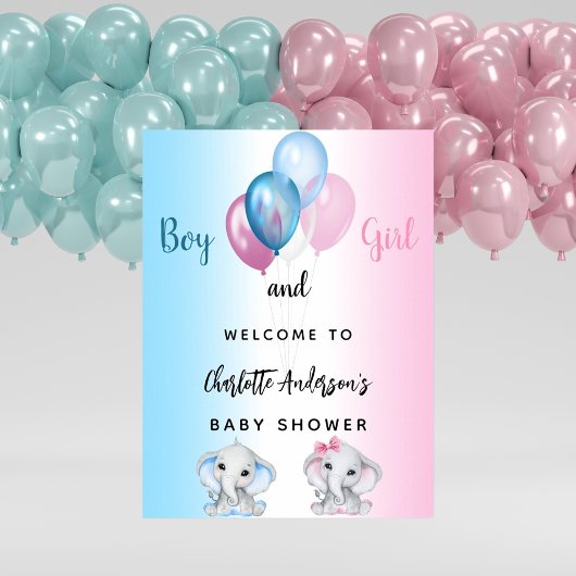 Poster Baby shower garçon fille bleu rose éléphants bienv