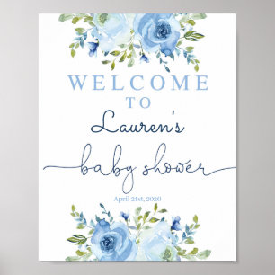 Poster Baby shower garçon signe d'accueil, bleu fleuri