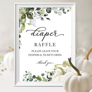 Poster Baby Shower Greenery Diaper Raffle Game Sign