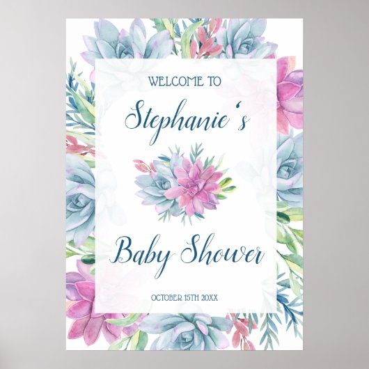 Poster Baby shower hydrocoloré Succulents (Devant)