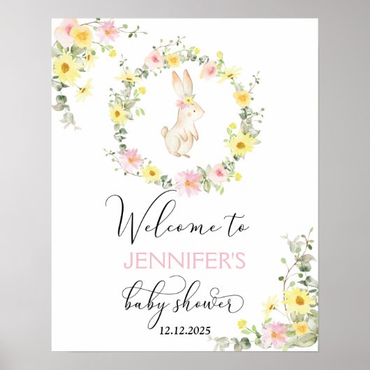 Poster baby shower lapin fleur sauvage accueil (Devant)