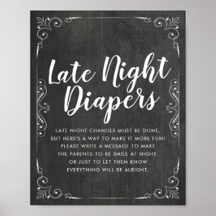Poster Baby shower Late Night Diapers Fleurs Chalkboard