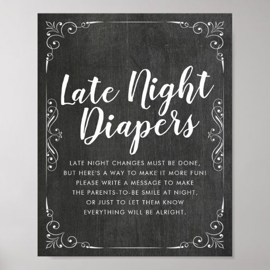 Poster Baby shower Late Night Diapers Fleurs Chalkboard (Devant)