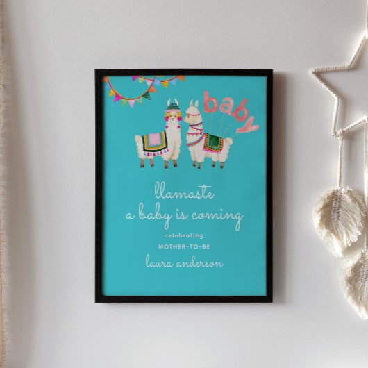 Poster Baby shower Llama bleu turquoise - Llamaste