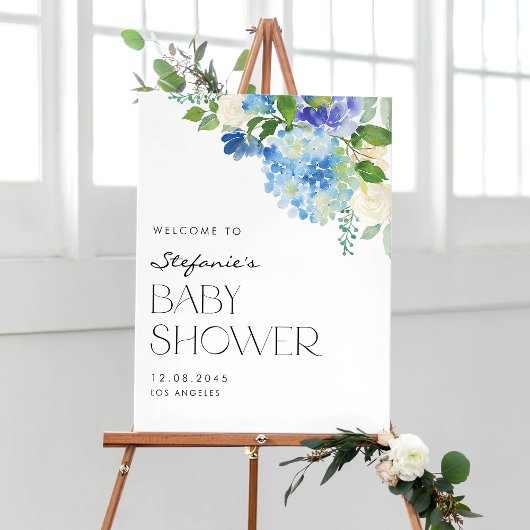 Poster Baby shower moderne Blue Hydrangea Fleurs Accueil