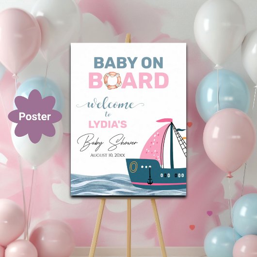 Poster Baby shower nautique rose