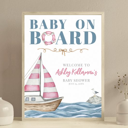 Poster Baby shower nautique rose