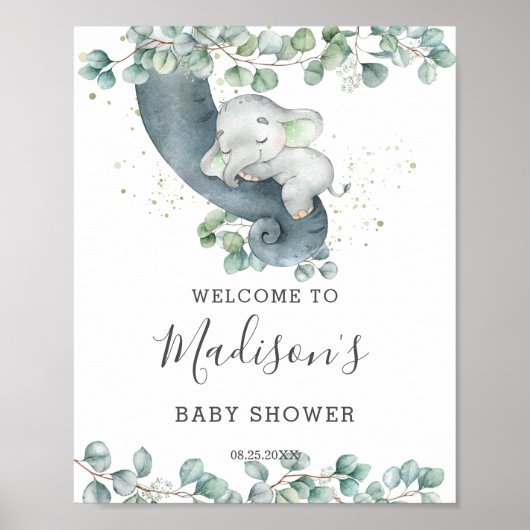 Poster Baby shower neutre éléphant vert Bienvenue (Devant)