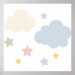 Poster Baby Shower Nuages Pastels et Étoiles