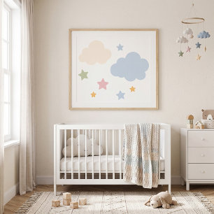 Poster Baby Shower Nuages Pastels et Étoiles