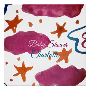Poster Baby shower nuages rose bleu ajouter nom aquarelle