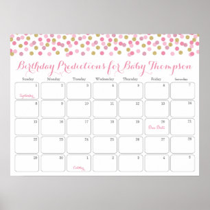 Poster Baby shower or rose Calendrier de prédiction Anniv