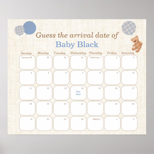 Poster Baby shower Ours Bleu Devinez Le Calendrier Date D (Devant)