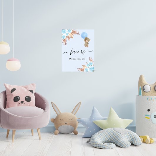 Poster Baby shower ours en peluche bleu pampas herbe fave