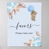 Poster Baby shower ours en peluche bleu pampas herbe fave (Devant)